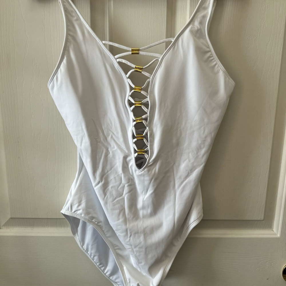 Blue Rod Beattie White One-Piece Swimsuit with Gold Accent Lacing women’s sz 14